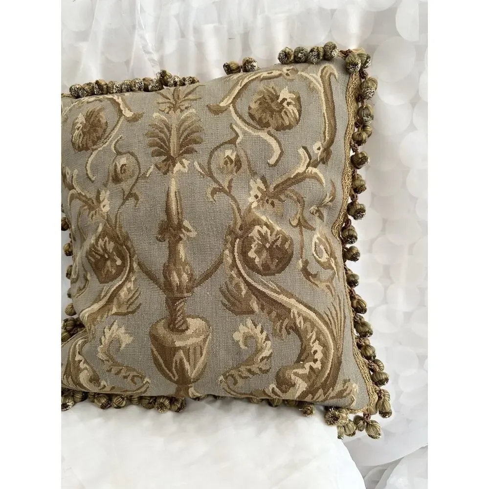 Vintage Aubusson Pineapple tapesty pillow Rococo Square Gold Grey Velvet 24”